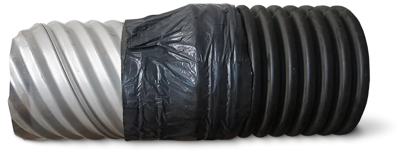 MarMac dissimilar pipe repair coupling for HDPE and CMP municipal storm and sewer lines.