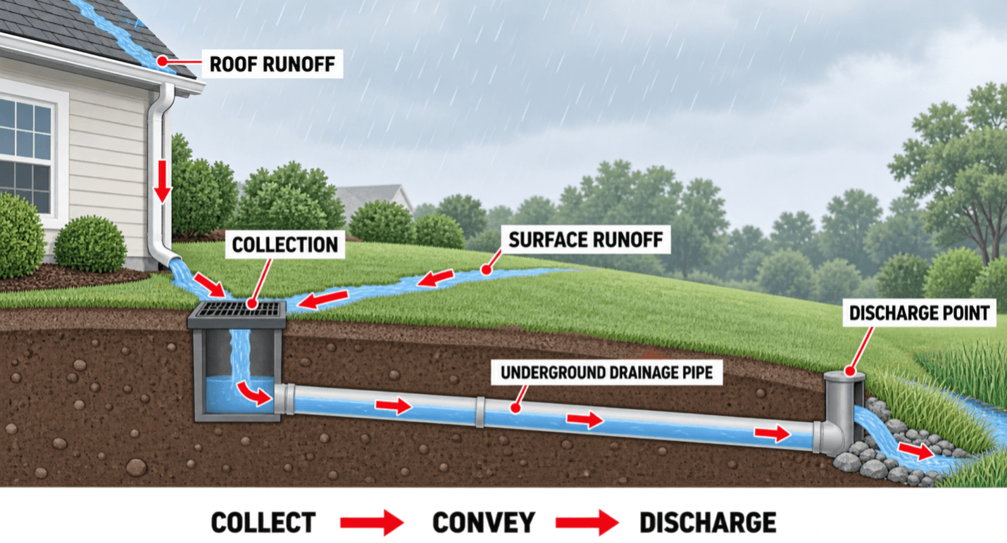 Diagram showing roof and surface runoff entering a catch basin, moving through underground drainage pipe and exiting at a discharge point.
