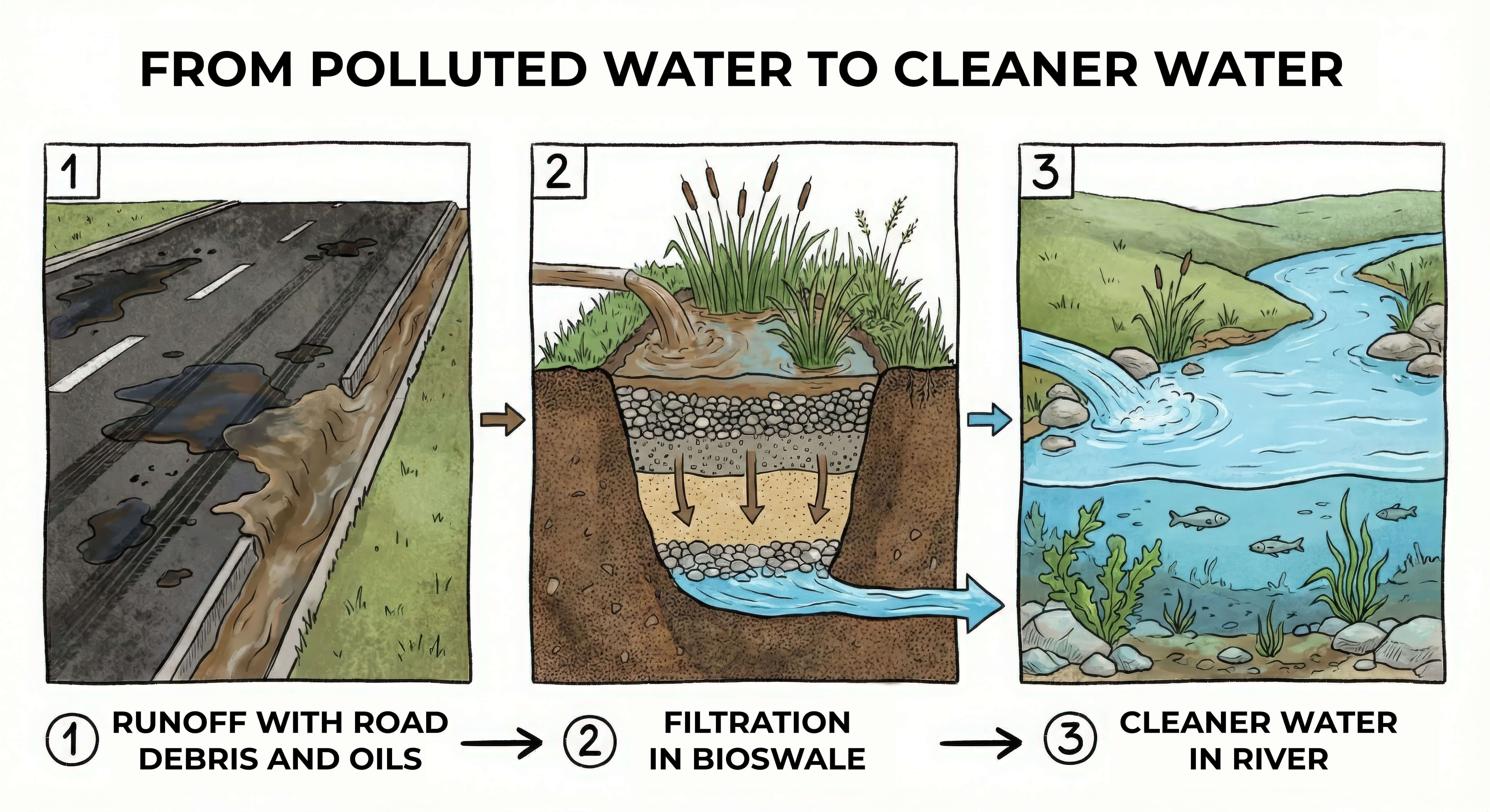 Bioswale filtering stormwater runoff using vegetation and soil