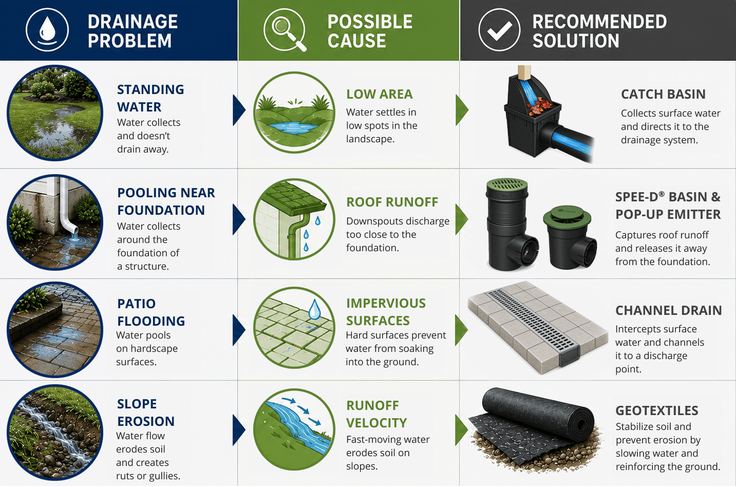 Infographic showing common yard drainage problems, their possible causes, and recommended drainage solutions for residential properties.=