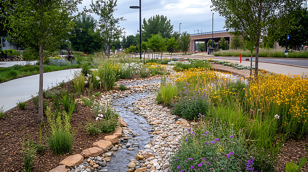 Sustainable rain garden design featuring stormwater overflow system