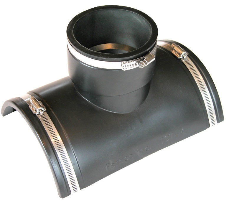 4-inch PVC flexible Fernco saddle tee with clamps 4-inch PVC flexible Fernco saddle tee with clamps for connecting to existing drainage pipes